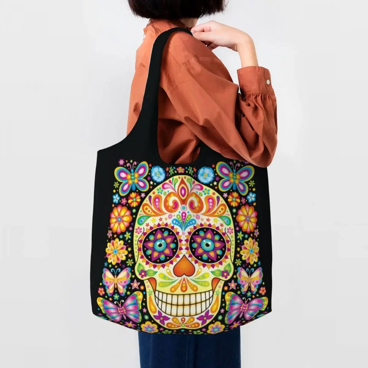 

Day Of The Dead Sugar Skull Groceries Shopping Bags Canvas Shopper Tote Shoulder Bags Capacity Portable Mexican Flowers Handbag