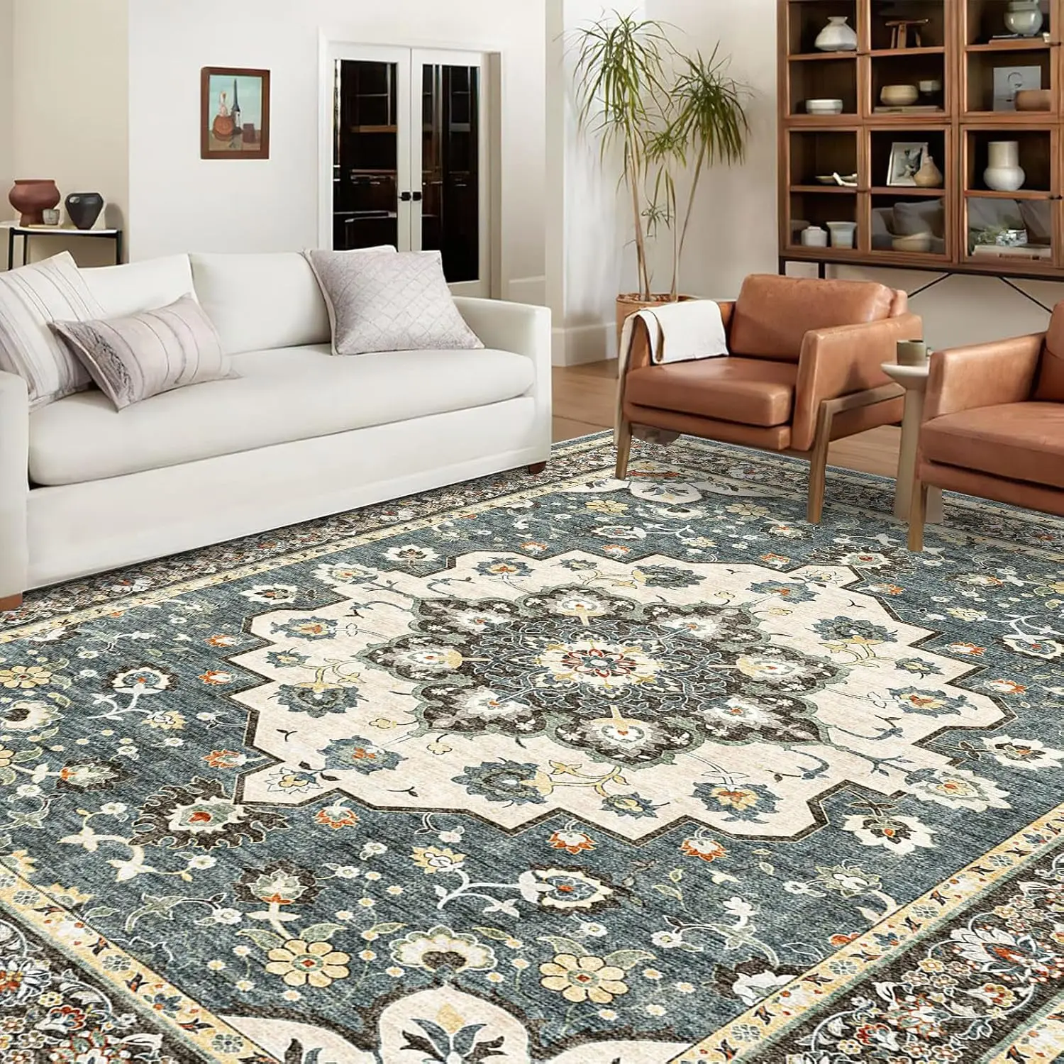 Washable Oriental Area Rug - 9X12 Rugs For Living Room Soft Carpet For Bedroom Waterproof Floral Distressed Indoor Stain