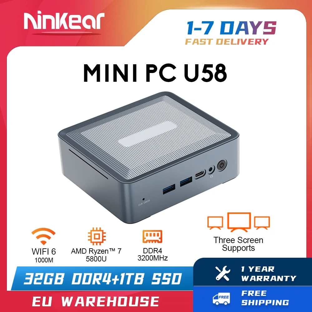 Ninkear-MINI PC AMD Ryzen 7 5800U, 8 núcleos, hasta 4,4 GHz, 32GB, DDR4 + 1TB, SSD, WiFi 6, BT5.2, potente ventilador de refrigeración, 3 pantallas,