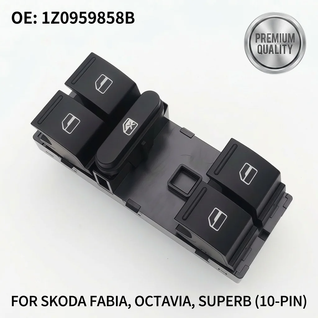 1Z0959858B Front Left Driver Side Master Power Window Switch for Skoda Octavia MK2 Fabia MK2 Superb MK2 Yeti Roomster 10-Pin
