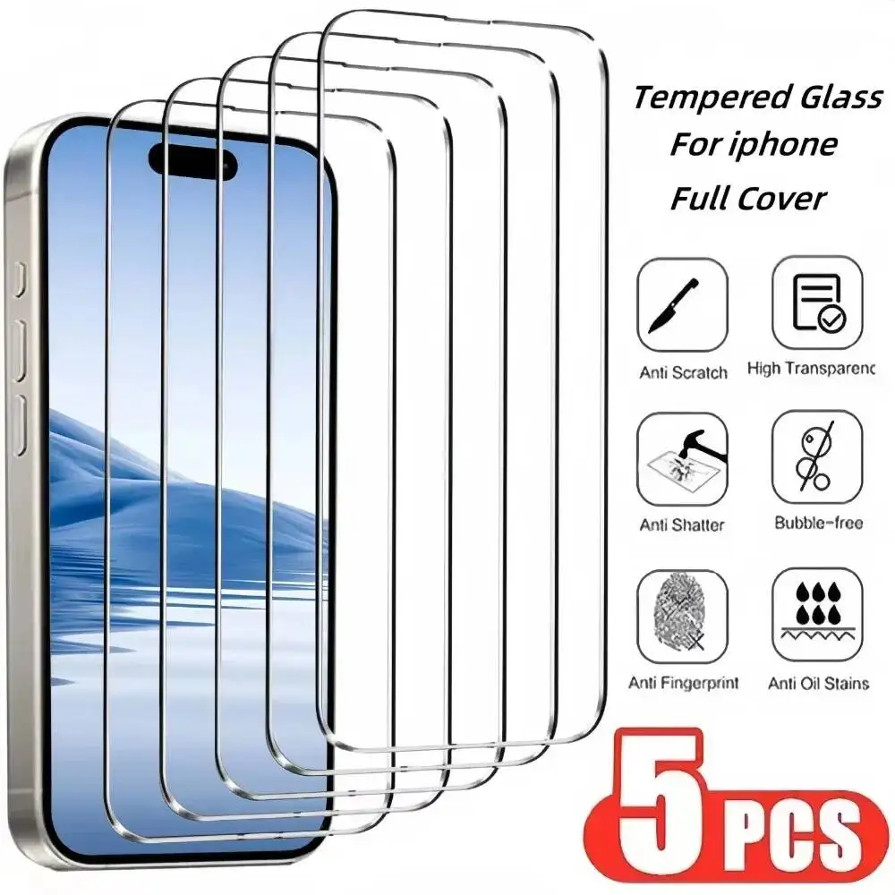 

5Pcs Tempered 16 17 13 12 11 Pro Max Screen Protector For Iphone 16E 15 14 Plus X XR XS 6 7 8 Glass