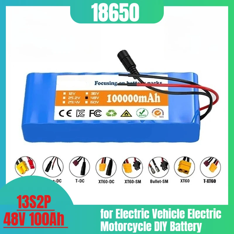 

13S2P 48V 100Ah High Power 18650 Battery for Electric Vehicle Electric Motorcycle DIY Battery with BMS 54.6V 2A Charger