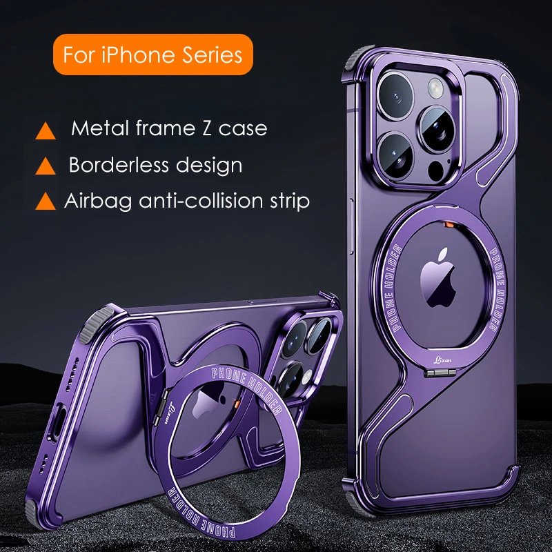 

Z Shape Metal Geometry Stand Holder Case For iPhone 16 14 15 13 Pro Max Magnetic MagSafe Aluminum Alloy Removable Rimless Cover