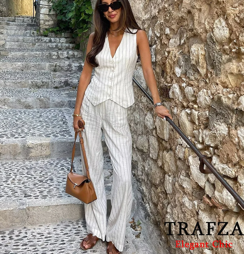 TRAFZA Casual Striped Vest Set Women Sleeveless Vest with Cotton Linen Wide-legged Pant Set New 2024 Summer Holiday Commuter Set