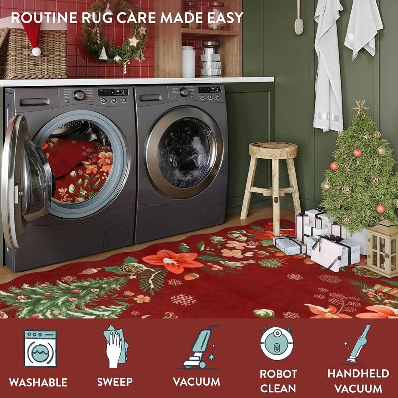 VIKAMA Bloem Kersttapijt Rood Slaapkamer Glad en Vlekbestendig Zacht Tapijt Woonkamer Entree Kantoor Woondecoratie