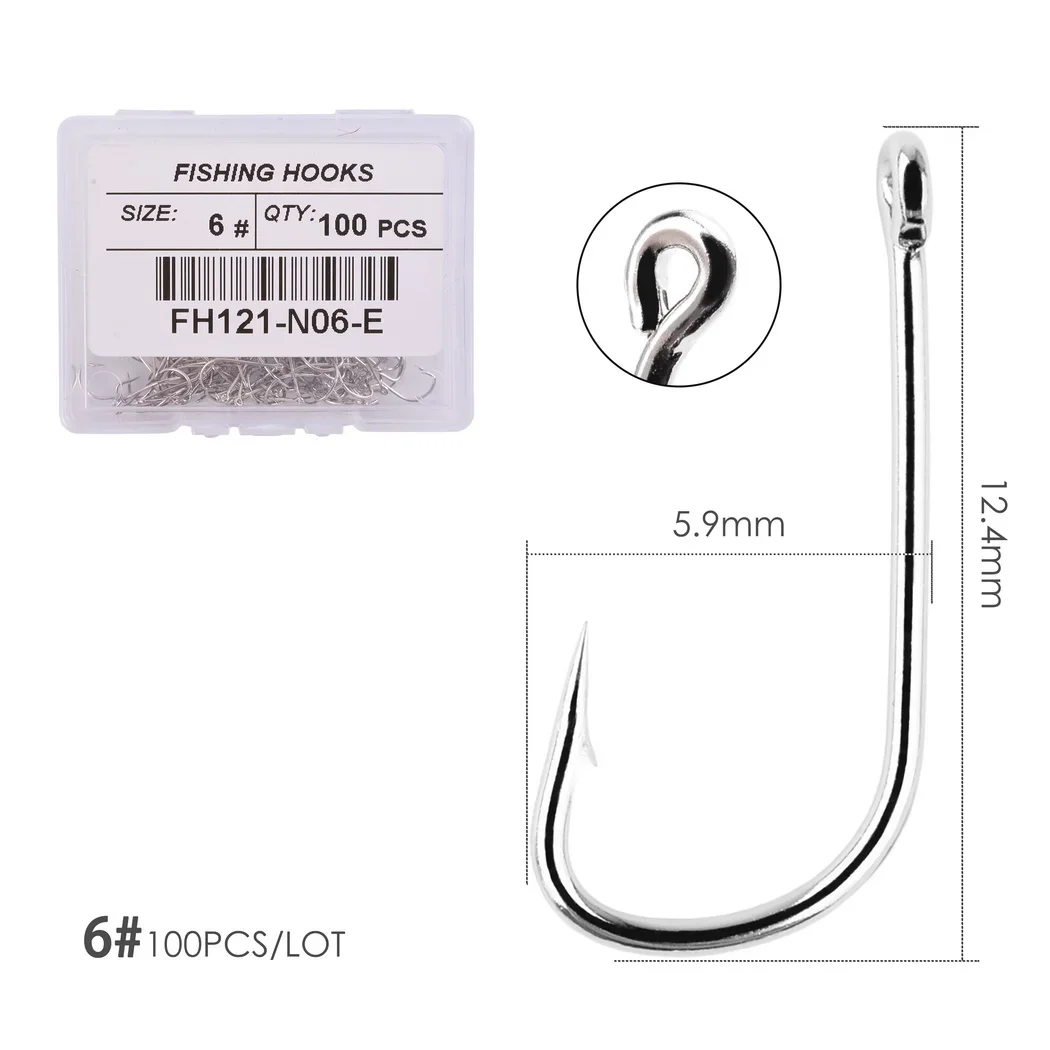 100pcs Fishing Hooks Pint Hook with Eyes Sea Hook Stainless Steel White Big Extra Long Shank Owner Fishhook Fishing Tackle Box