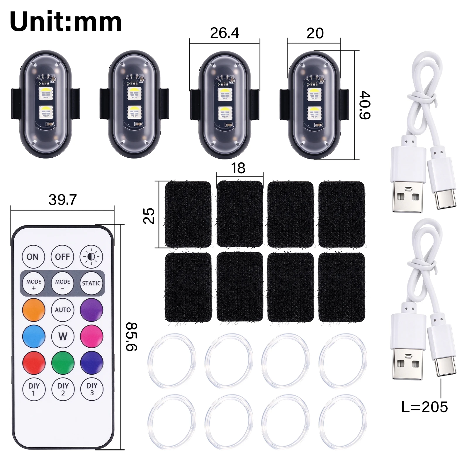 4PCS Wireless RGB LED Strobe Warning Light 8 Colors Flash Position Lamp for Car Motorcycle Bike Drone USB Rechargeable