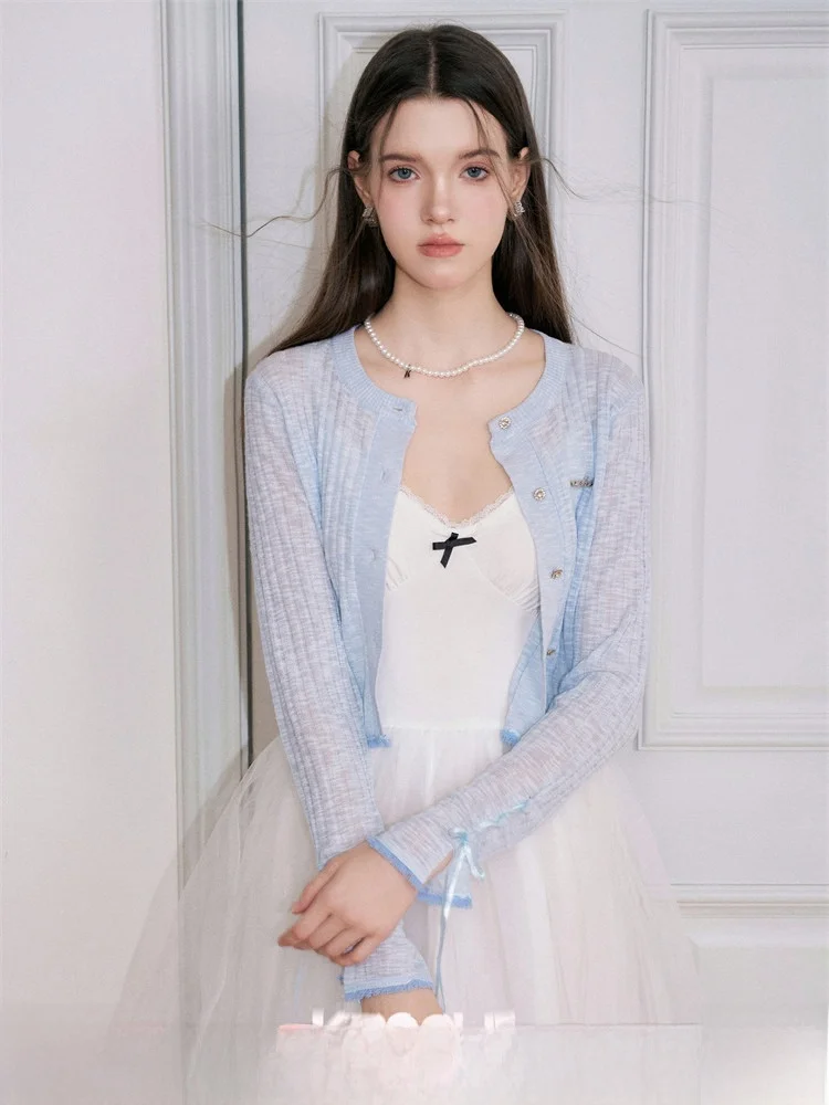 

Вязаный кардиган Romantic Encounter с бахромой и вертикальными полосками, с завязками на рукавах, женский, приталенный, с длинными рукавами