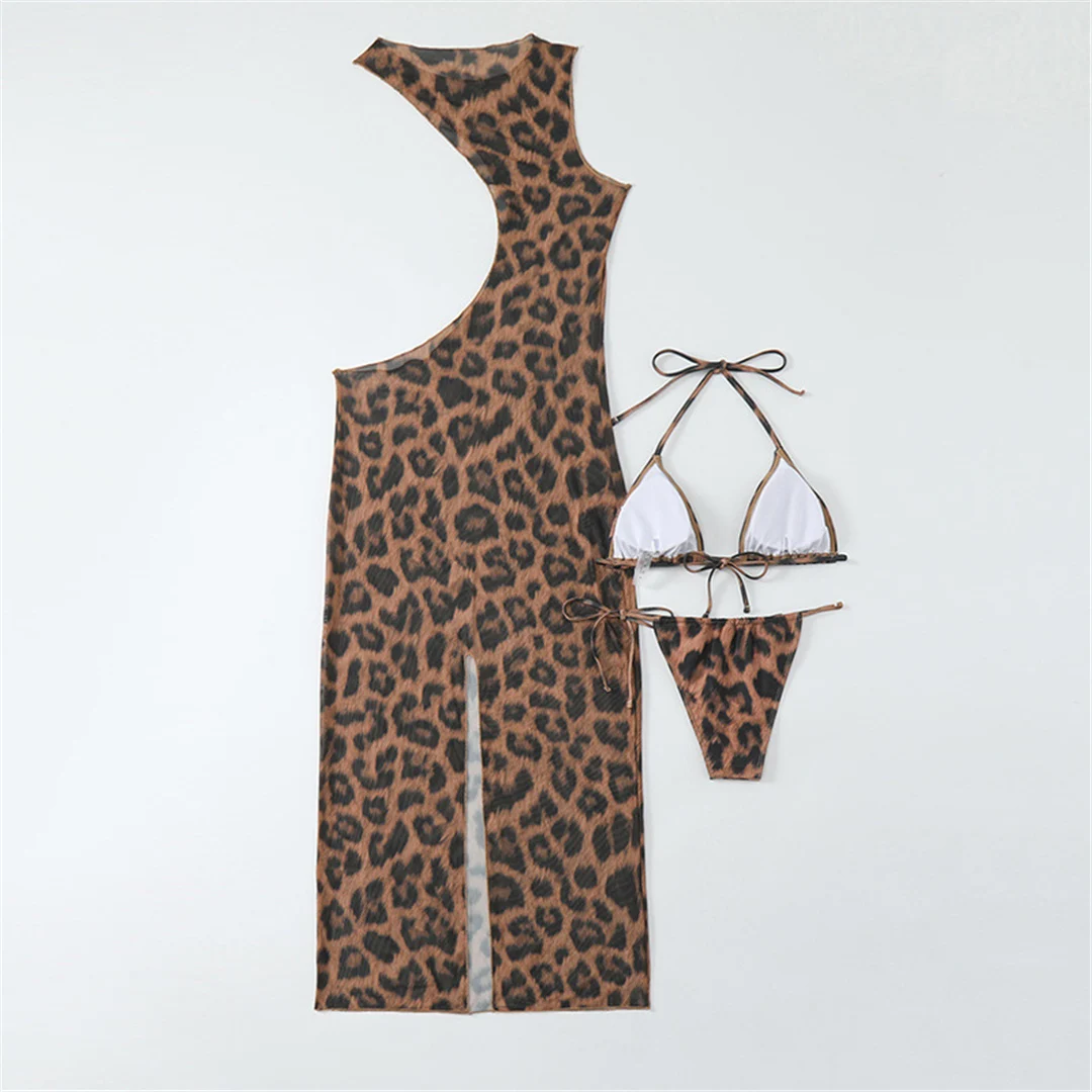 XS - XL Neckholder-Bikini mit Leopardenmuster und passendem Überwurf, Damen-Badeanzug, dreiteiliges Bikini-Set, Badebekleidung, Badeanzug, Modell V5452 – Detail 14