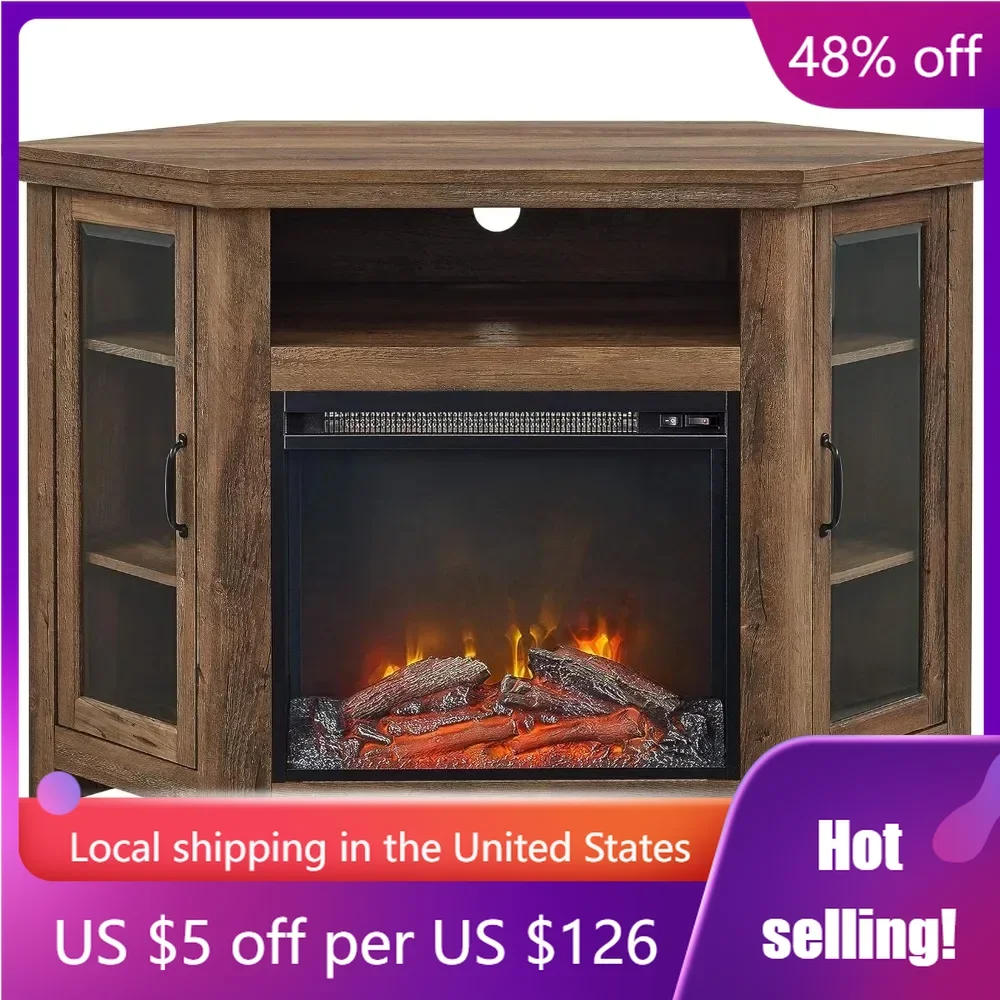 Alcott Classic Glass Door Fireplace Corner TV Stand for TVs Up to 55 Inches 48 Inch Stove Rustic Oak Freight Free Stoves Heating