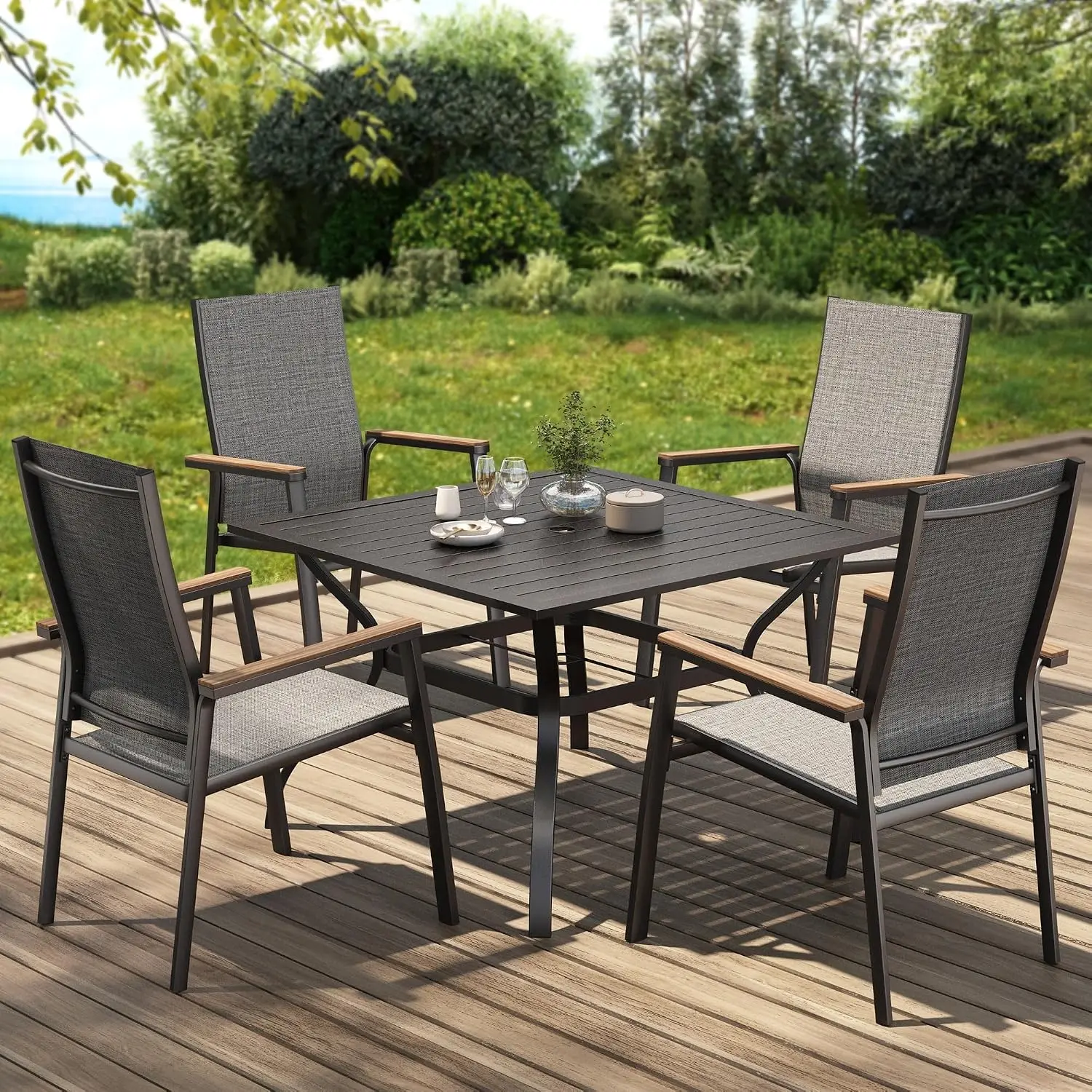 Outdoor Dining Set for 4 w/Metal Table & Aluminum Chairs, Grey, Customized