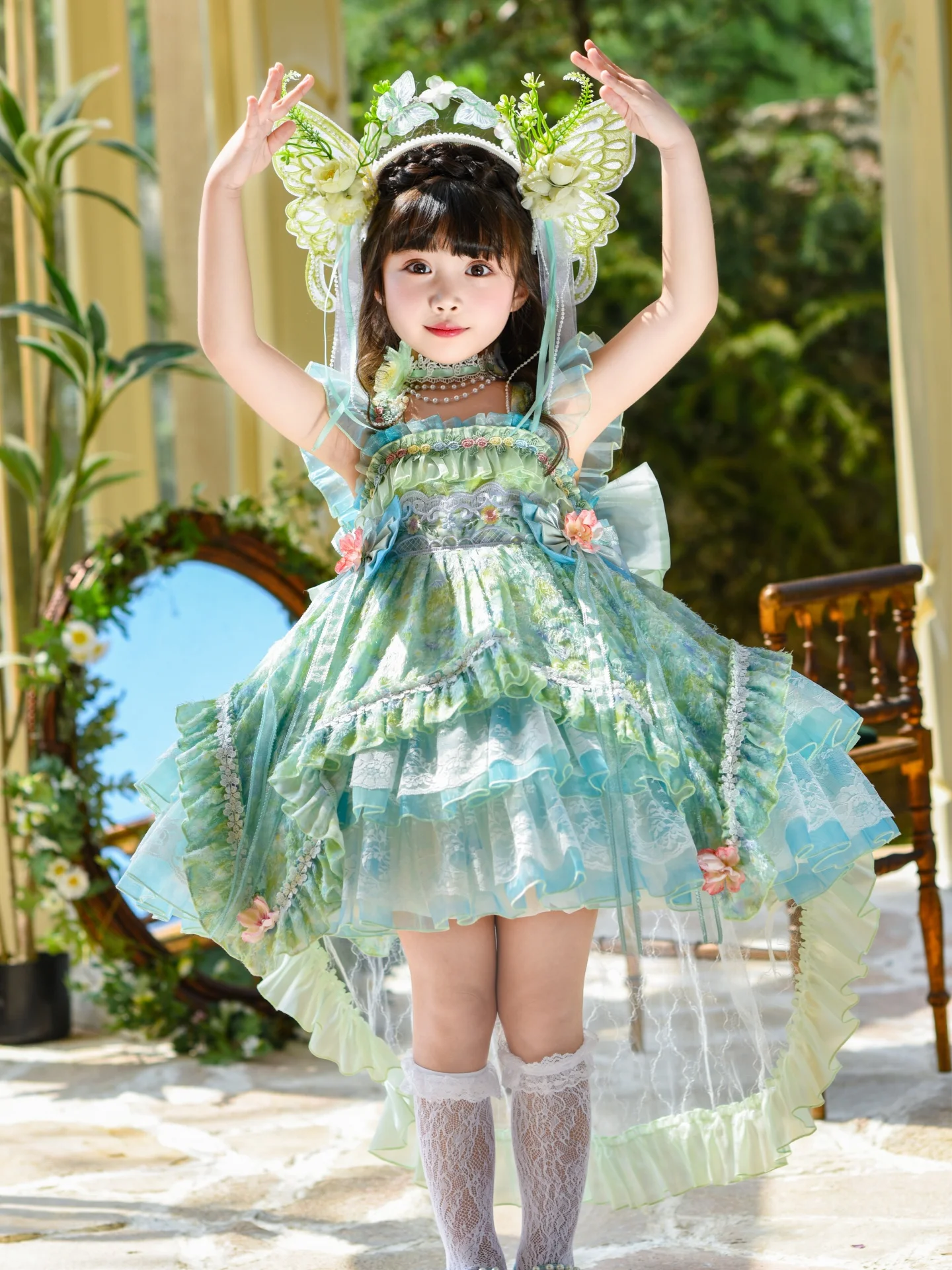 Vestido Lolita Infantil Verde com Estampa de Pintura a Óleo, Saia Rodada de Fada Floral de Verão, Fantasia de Princesa do Jar...