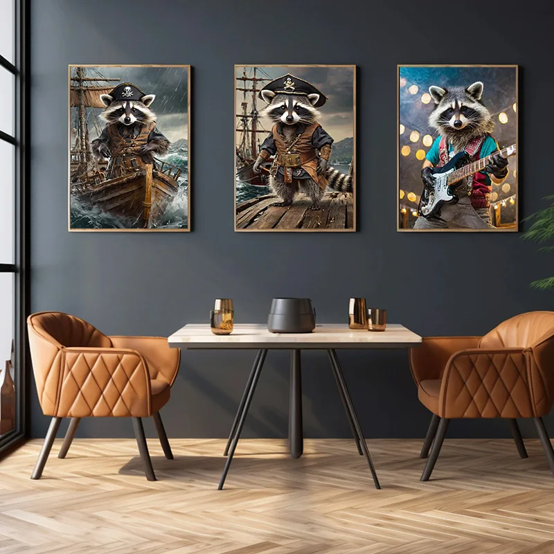 Raccoon On Suit Bathroom Pirate Vintage Animal Portraits Poster Print Wall Art Pictures Canvas Painting Room Home Decor Gift