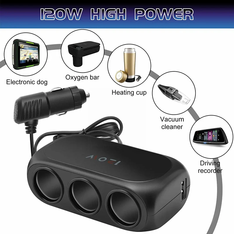 Universal 120W 12V 24V 3 Way Cigarette Lighter Multi Socket USB Charger Interior Dual Black Adapter Splitter ABS Car accessory