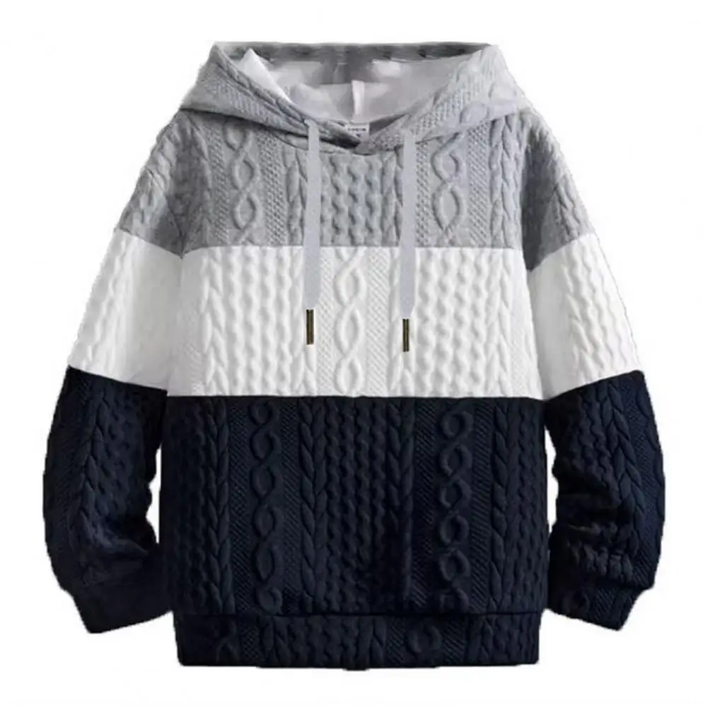 Men Fall Winter Hoodie Applique Colorblock Knitted Sweatshirt Elastic Cuff Hooded Thick Warm Loose Warm Casual Men Top