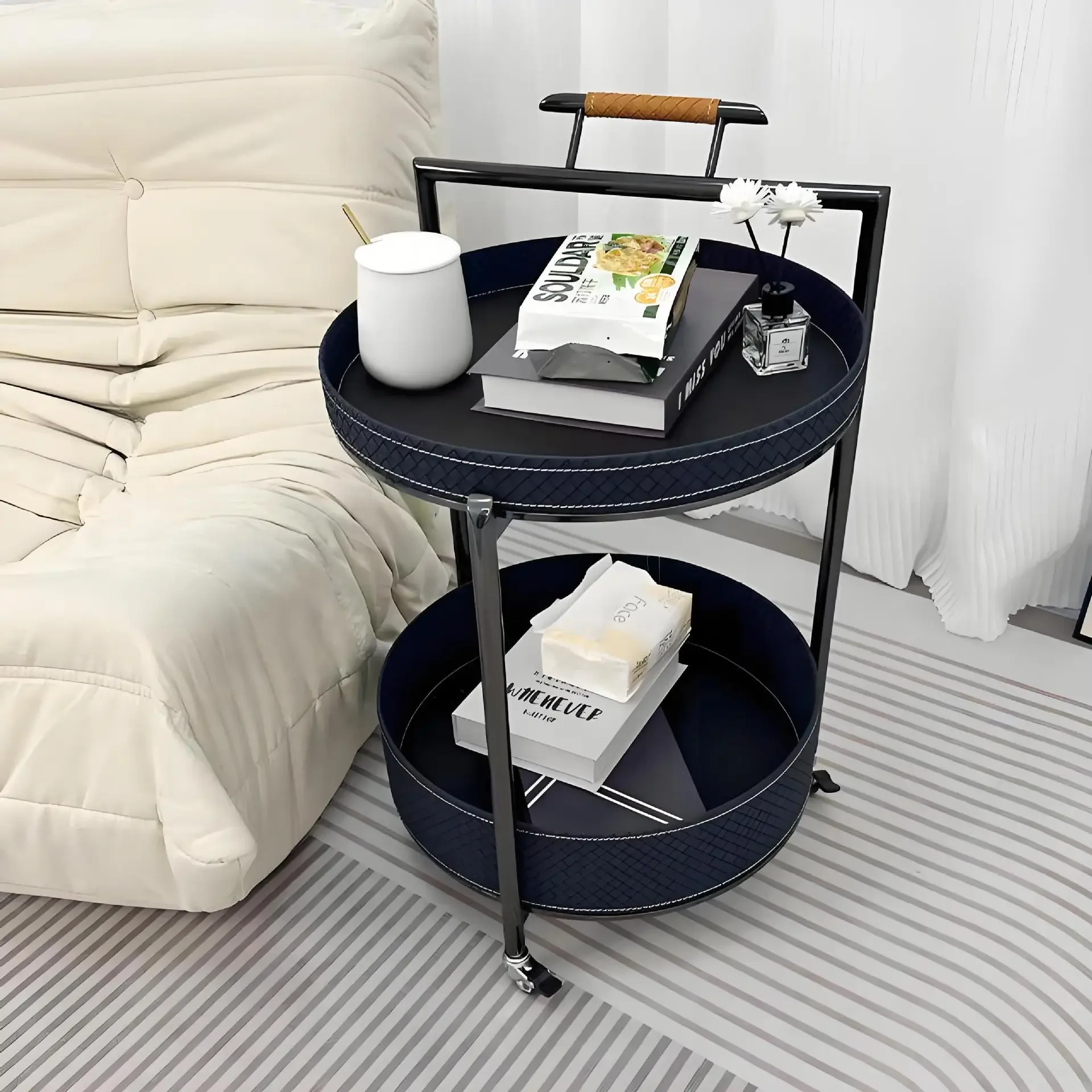 Round saddle leather trolley with wheels Movable sofa side table, trolley Saddle leather small coffee table