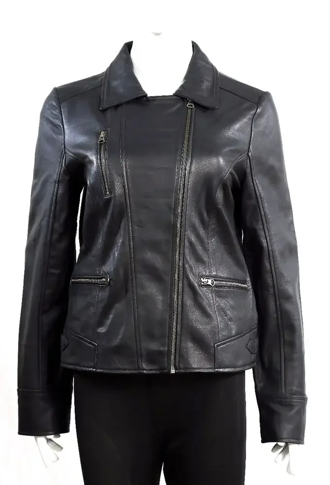 Damen-Bikerjacke aus echtem 100 % echtem Leder, schmale Passform, schwarze Bikerjacke, europäische und amerikanische Modetrends