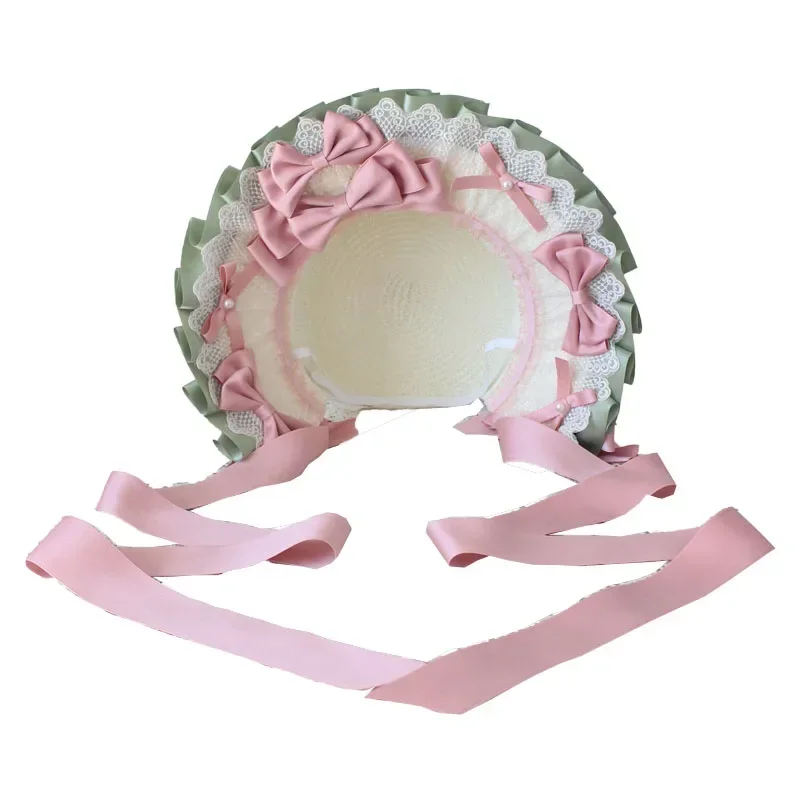 Pink Green Classic Straw Hat Lolita Girl Lace Bowknot Bonnet Flat hat Tea Party Gorgeous Fairy All-match Women Children's Cap