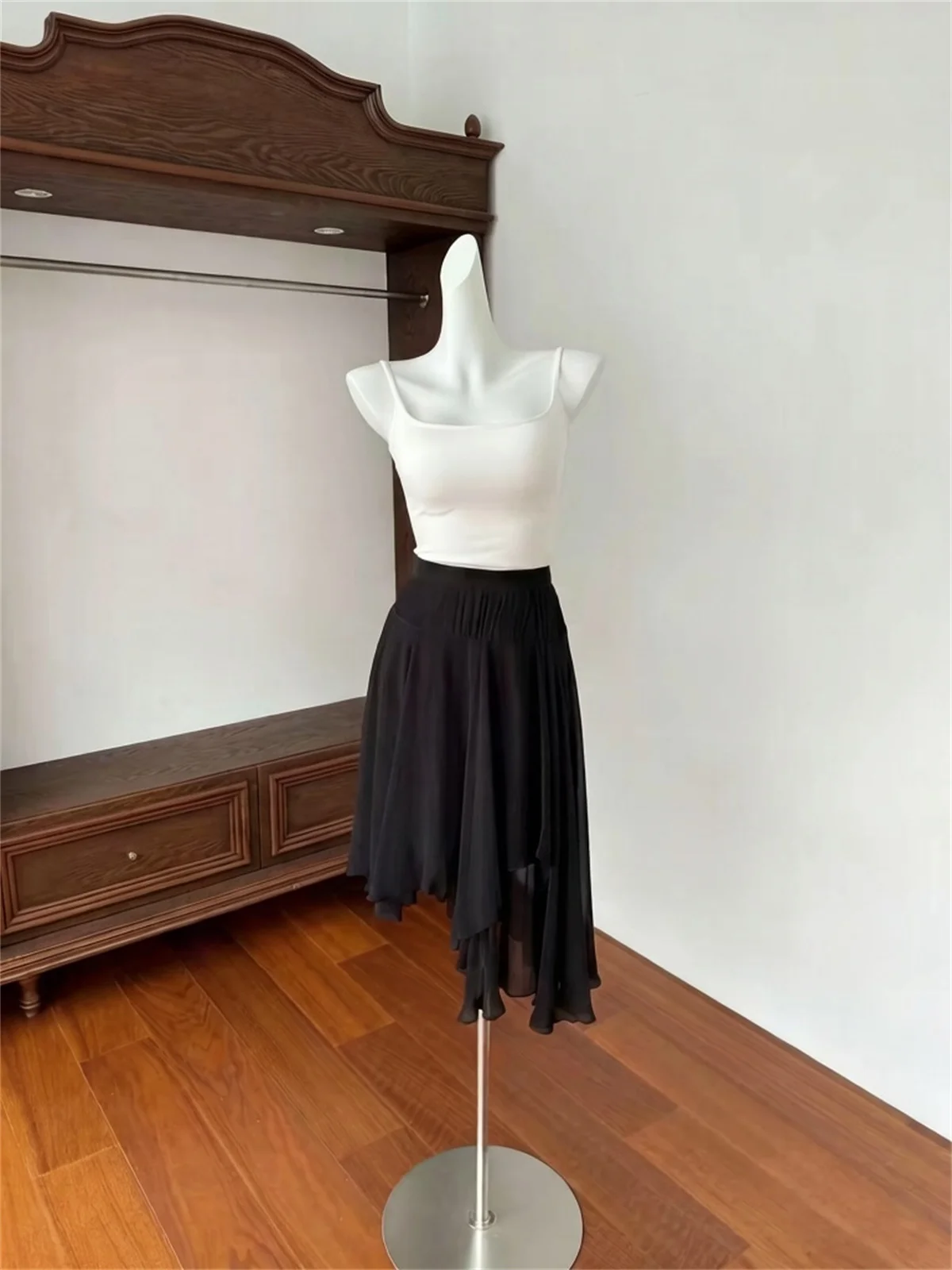 Falda coreana de cintura alta con corte en A para mujer, holgada, informal, irregular, con encaje, de media longitud, sexy, para fiesta, primavera, verano, talla grande