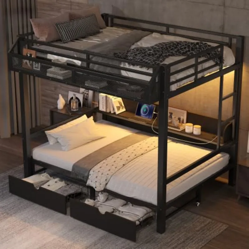 Full Metal Bunk Bed Frame with Storage Drawers & Shelves, Convertible with LED Lights & USB Ports, Black, Customized
