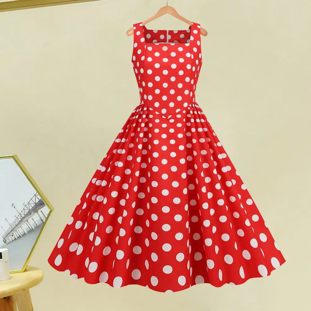 Women Party Dress Vintage-inspired A-line Midi Dress with Square Neck Dot Print for Women Retro 50s 60s Party Wedding Prom Ball