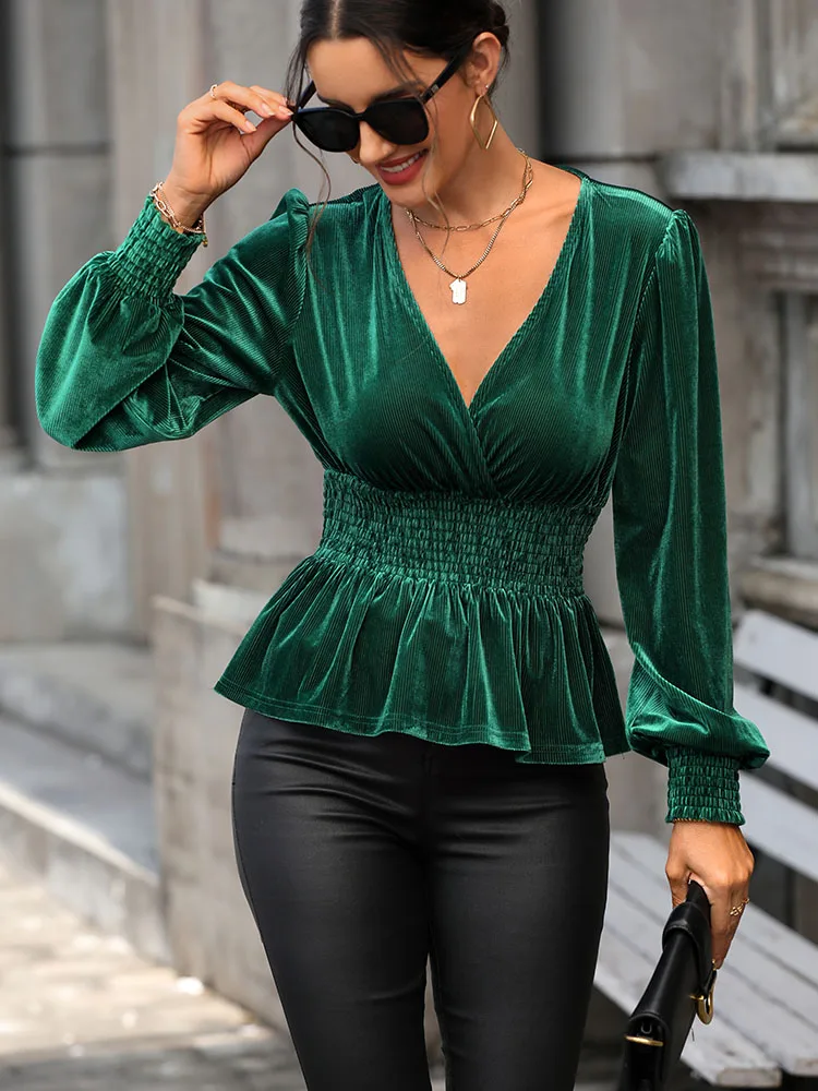 JIM & NORA cross-border women\'s autumn temperament elegant V-neck blouse long sleeve solid color velvet blouse
