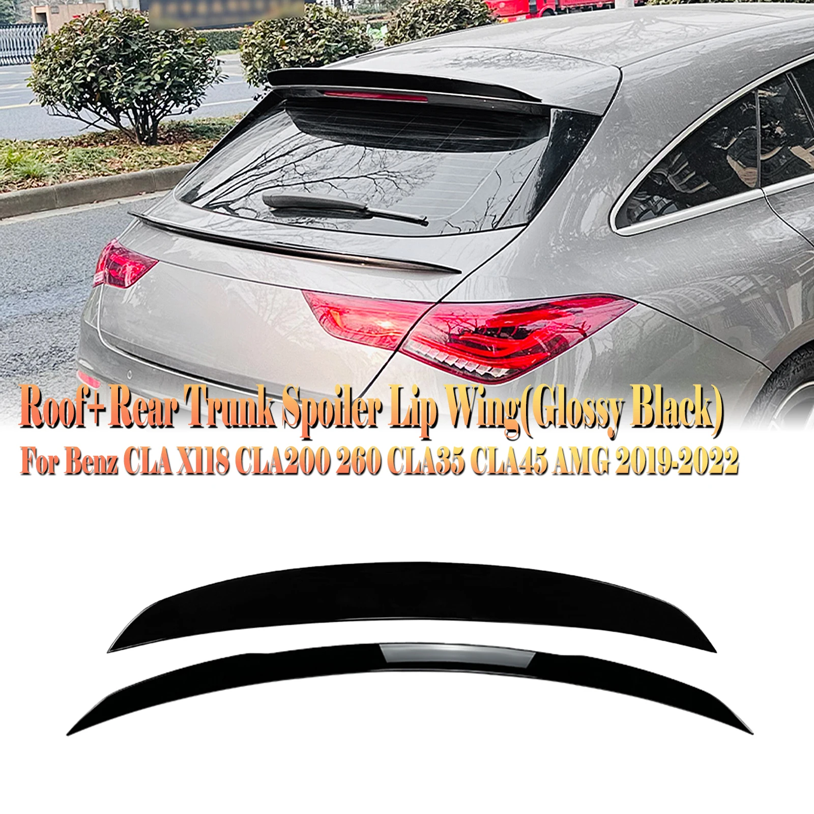 

For Mercedes-Benz CLA Class X118 CLA200 260 CLA35 CLA45 AMG 2019-2022 Hatchback Rear Trunk Lid Middle+Roof Spoiler Wing Lip Kit