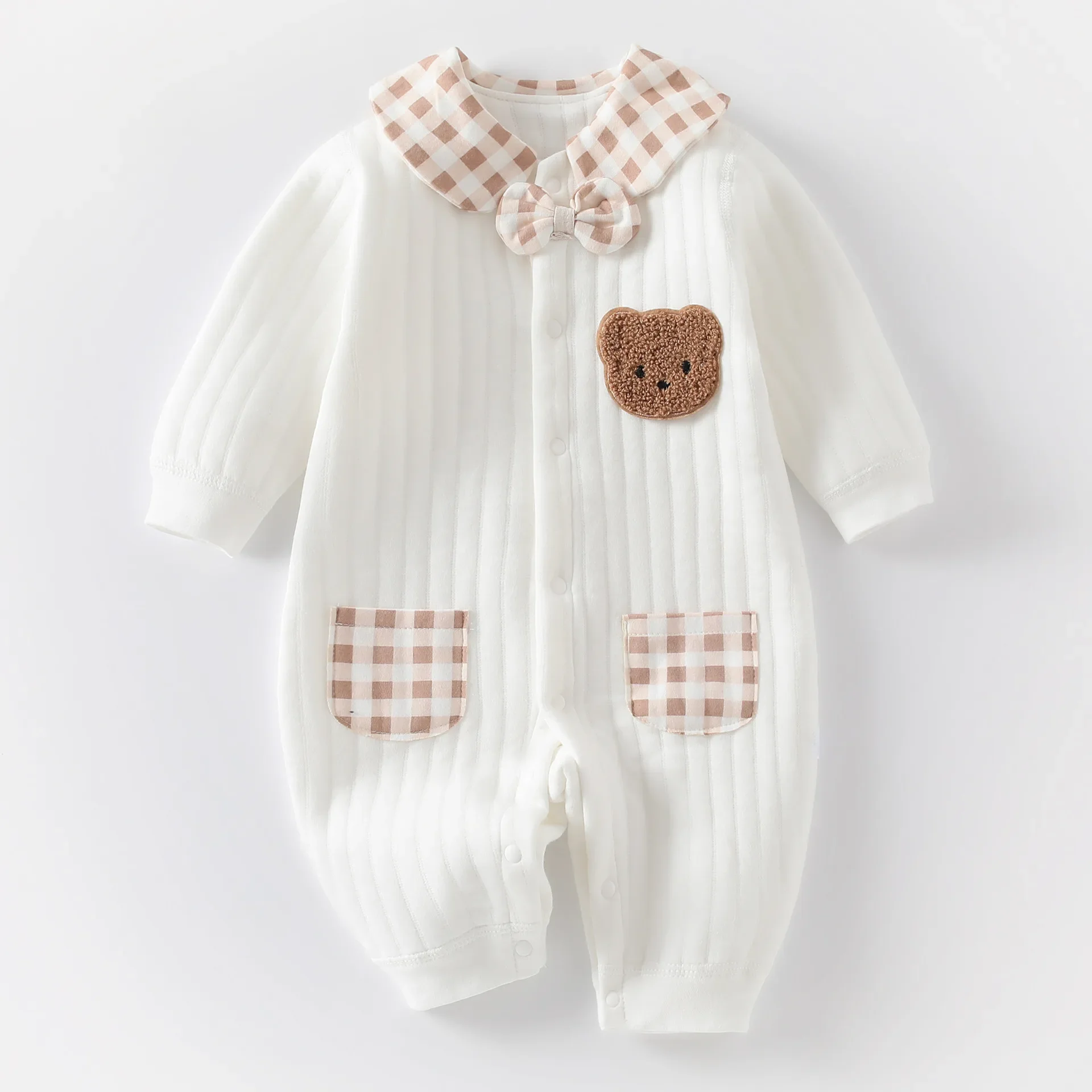 Newborn Baby Jumpsuit Clothes Winter Thickened Romper  Boys Girls Cute Embroidery Bear Bodysuit Autumn Clothing 0-1-3-6M