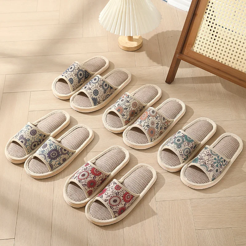 Four Season Couple's Multicolor Linen Slippers Women Indoor Striped Non-Slip Sandals Men Comfort Indoor Floor Breathable Slides image 4