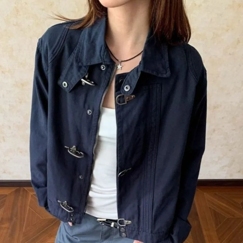 Turn-down Collar Common Design A Vintage Short Autumn and Winter Jacket with  Patchwork Airplane Buckle for Both Men and Women