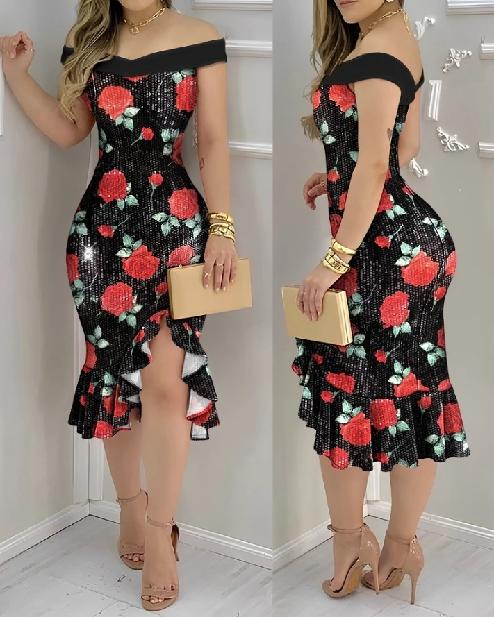 Contraste lantejoulas padrão floral fora do ombro bodycon vestido sem mangas babados fenda festa midi vestido 2025 outono nova moda casual