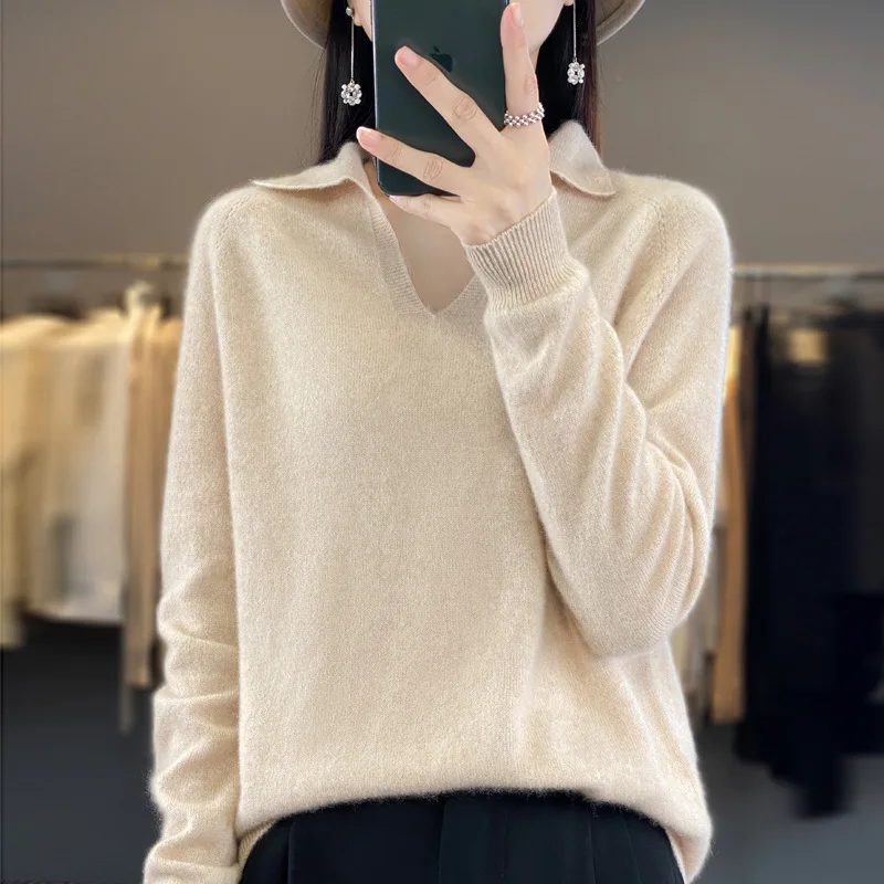 Women Polo Collar V Neck Knit Sweater Seamless One Piece Loose Wool Base Layer Top