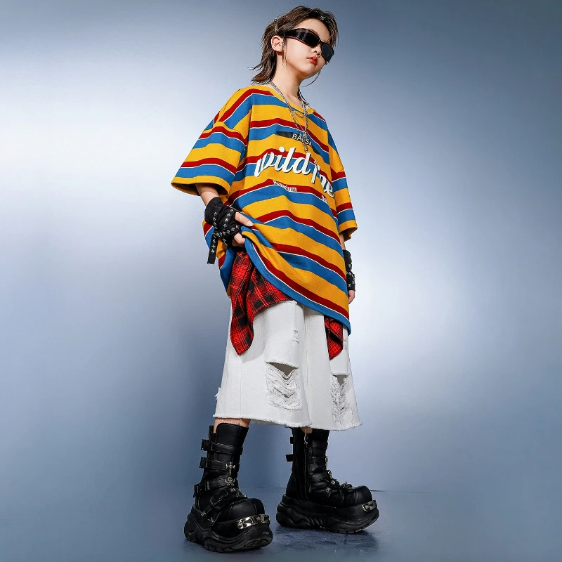 Costume Hip Hop pour garçons, chemise ample à rayures, Short blanc, tenue de danse de rue, ensemble à manches courtes, vêtements de danse Jazz de groupe