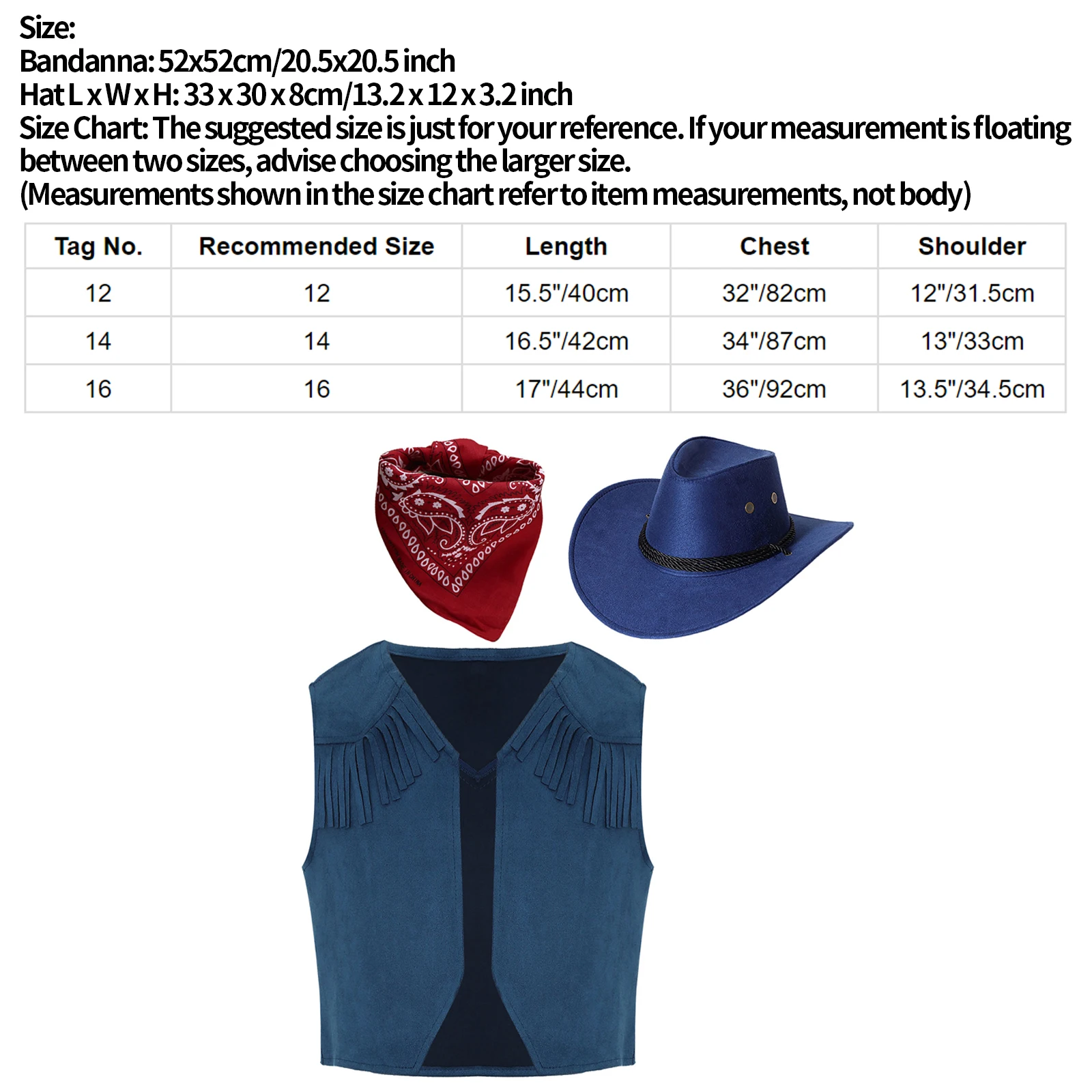 Kids Western Cowboy Costume Pointed Hem Tassel Vest with Bandanna Felt Hat Halloween Wild West Cowgirl Cosplay Party Dress Up