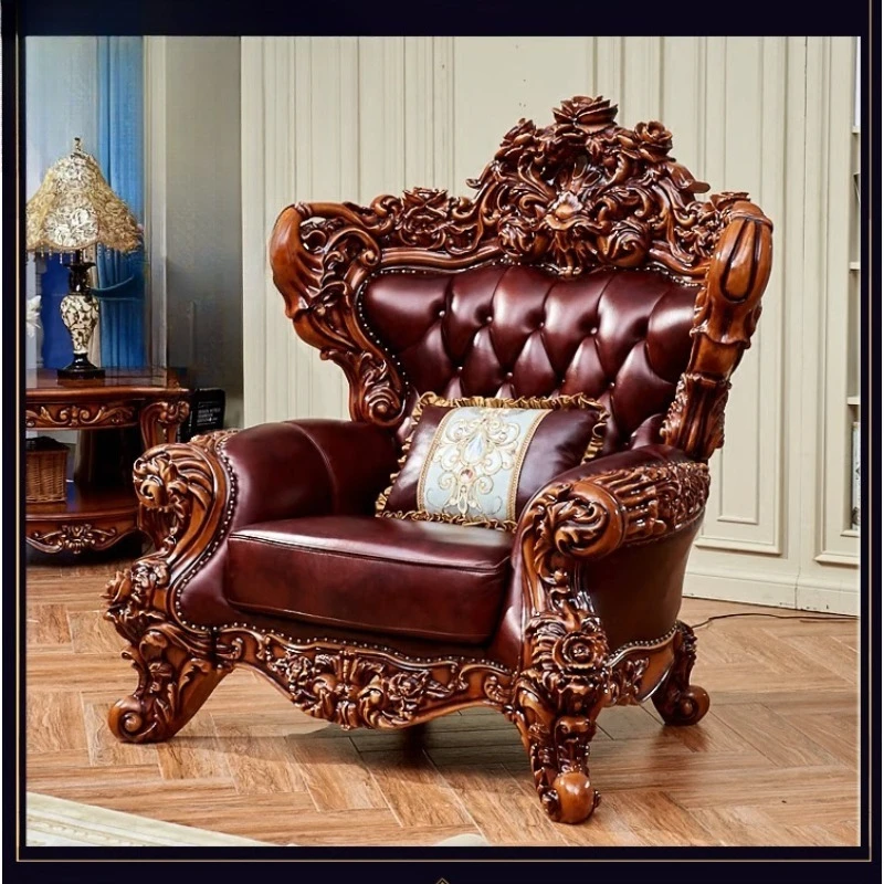 European leather sofa villa antique living room solid wood carved large and small house sofa