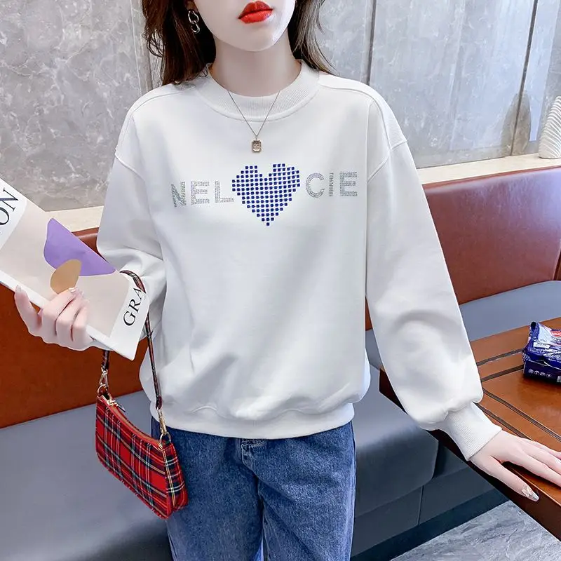 Women\'s Clothing Spring Autumn Round Neck Pullover Lantern Long Sleeve Geometric Rhinestone Casual Loose Screw Thread Tops