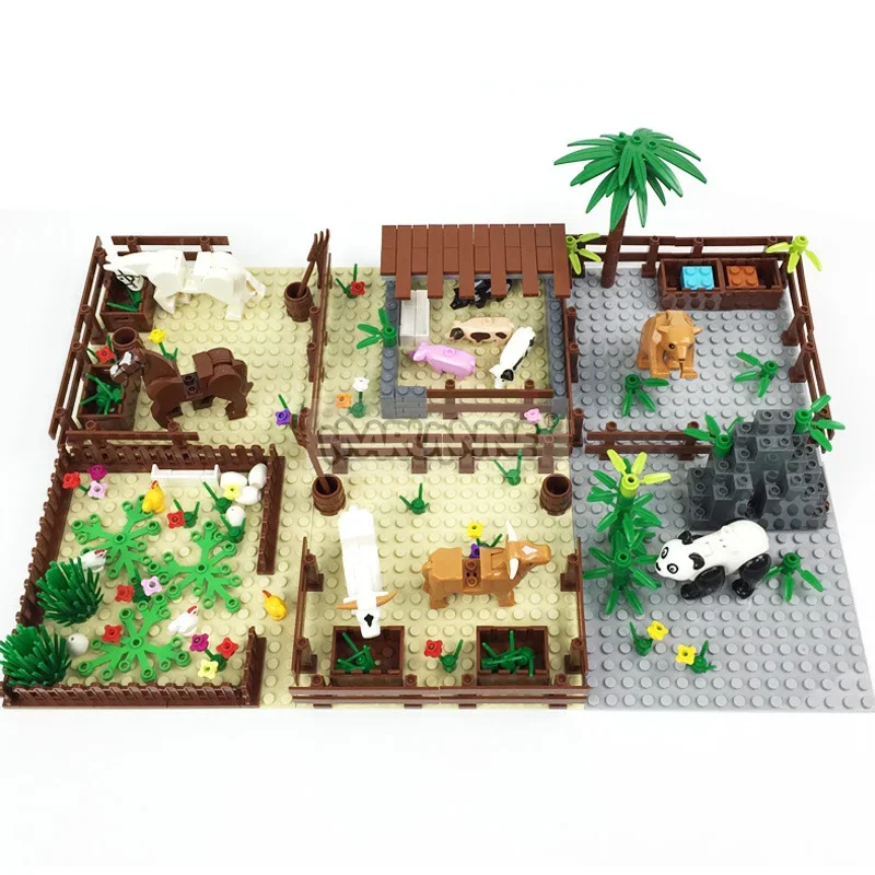 Marumine MOC Bricks Farm Animals Building Blocks Model Kit with Panda Chicken Cow Rabbit Trees Plant Construction Set Kids Toys