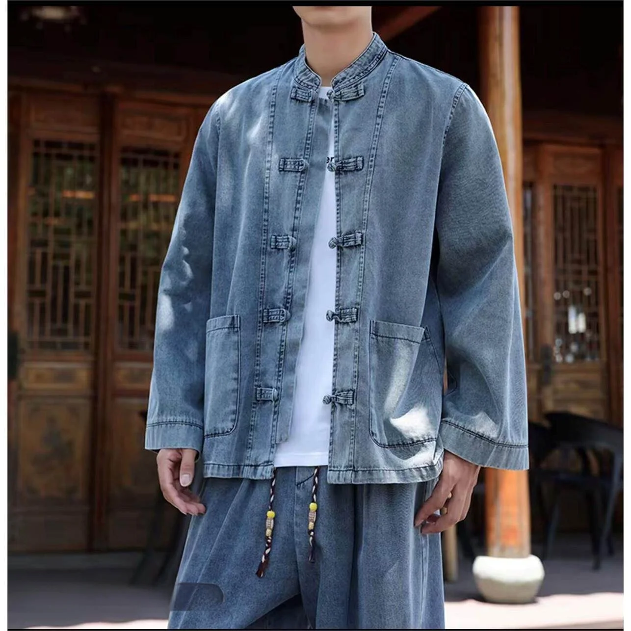 

Shixin Chinese Style Retro Buttoned Denim Tang Suit Men's Jacket Shirt Straight Leg Pants Two-Piece Set Autumn New Arrival