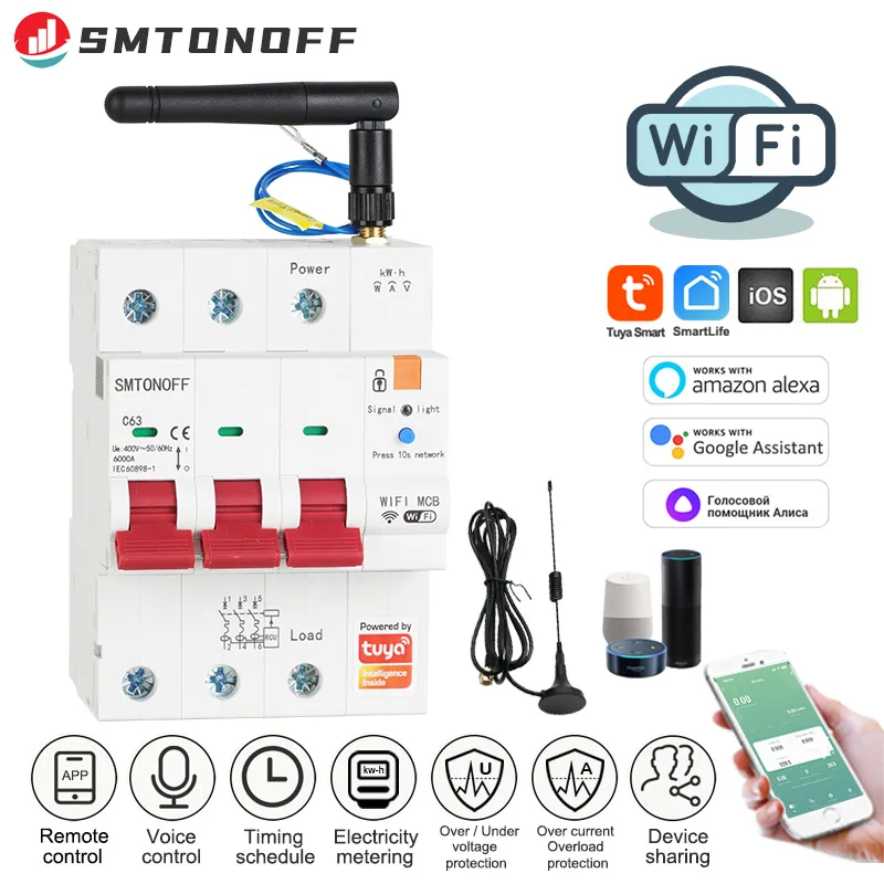 Tuya Smart WiFi RS485 3P 63A MCB Breaker Prepaid Meter Timer Switch Voltage Current Protector Voice Control Alexa Google Alice