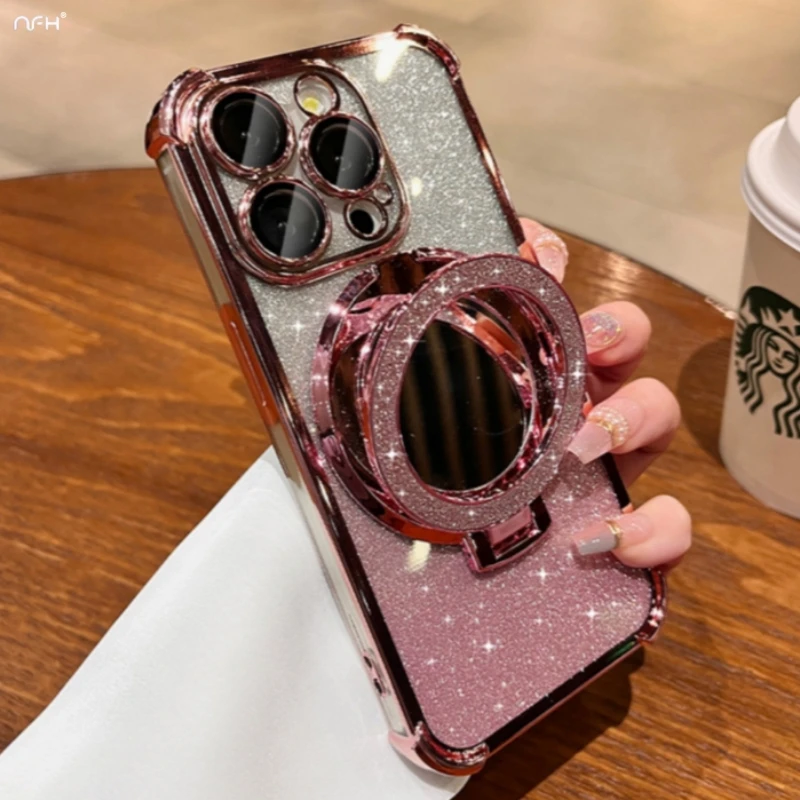 For iPhone 16 Pro Max Luxury Plating Frame Flash Mirror Stand Holder Phone Case For iPhone 11 12 13 14 15 Plus Protective Cover