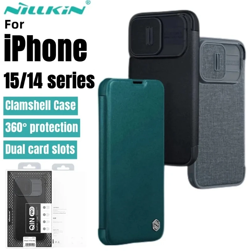

Чехол Nillkin Qin Pro для iPhone 15 Pro Max, откидной бумажник, кожаный тканевый защитный чехол для камеры для iPhone 14 Pro Max, чехол для iPhone15