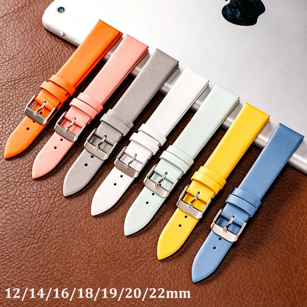 

12/14/16/18/20/22mm Cowhide Leather Watch Band Ultra Thin Watch Strap Plain Weave Needle Pattern Colorful Belt Replacement
