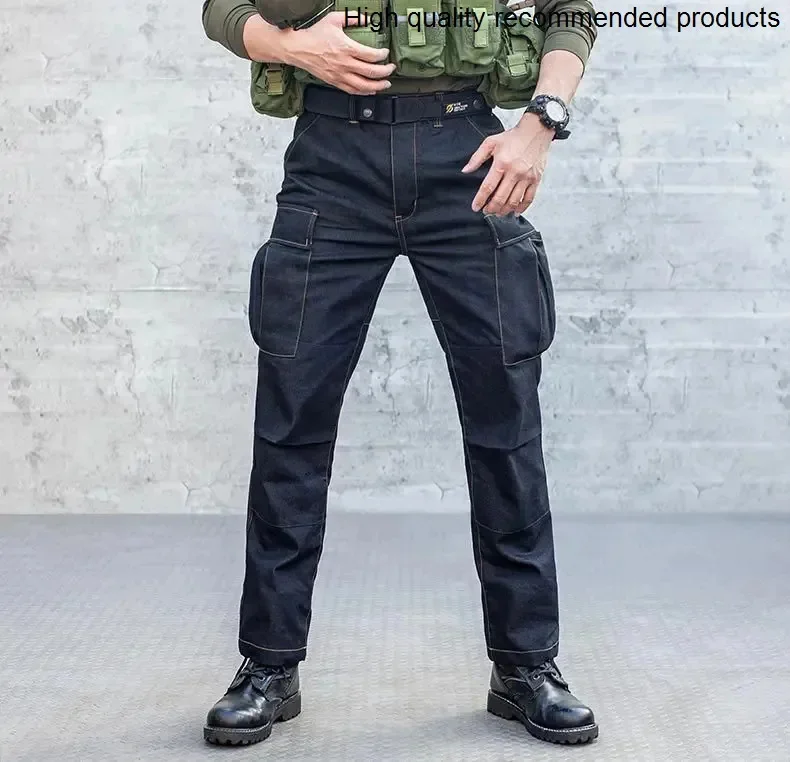 Pants BDU Jeans Tactical Denim Men Multi-Pockets Cargo Trousers Retro Casual Loose Motorcycle Blue Cowboy Army Battle