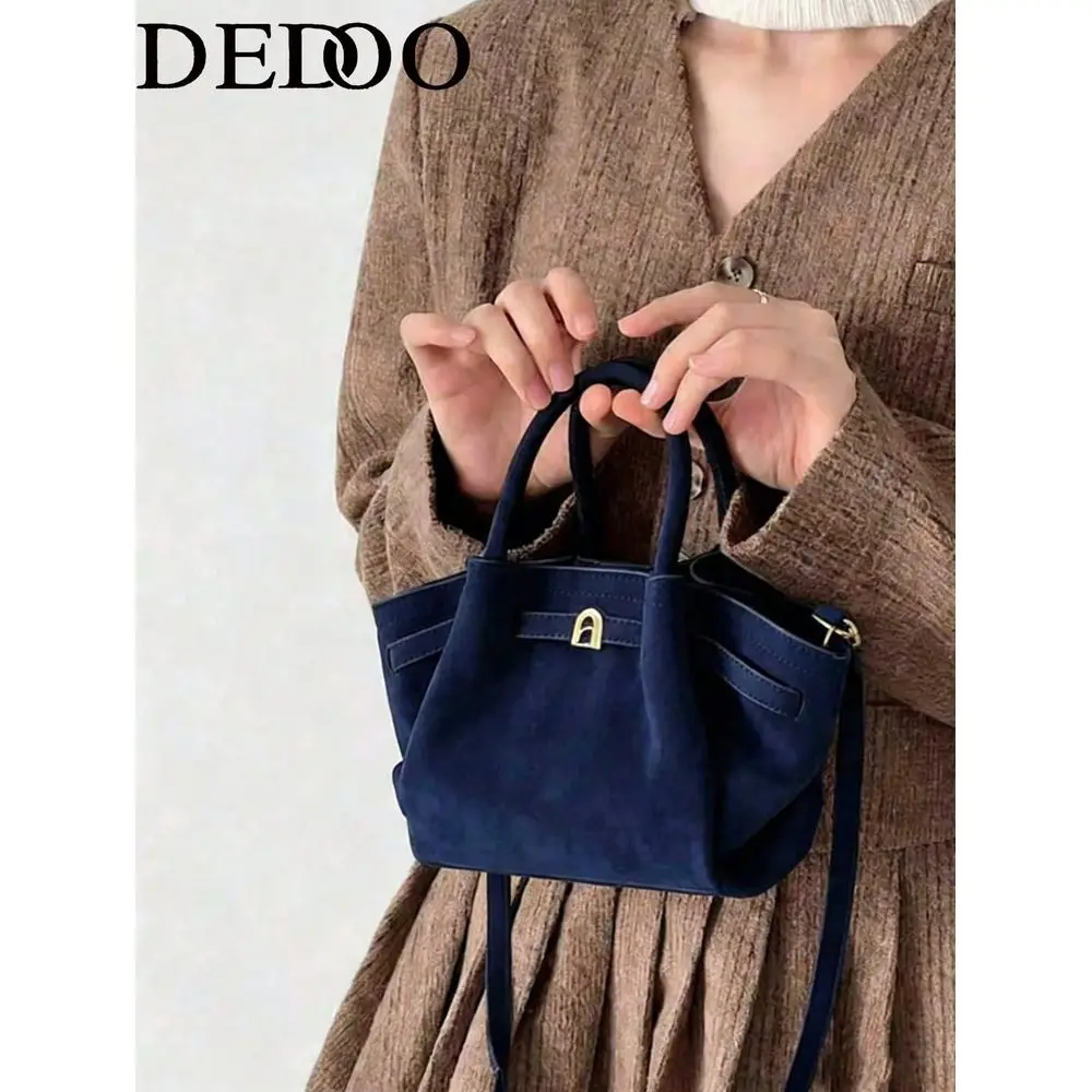 

European American Niche Design Suede Bucket Bag With Buckle, Womens Street Style Handbag, Suitable For Shopping, Commuting, Par