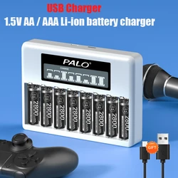 PALO 8 Slots LCD Smart 1.5V AA AAA Li-ion Battery Charger For 1.5V 2A 3A lithium Rechargeable Batteries Fast USB Battery Charger