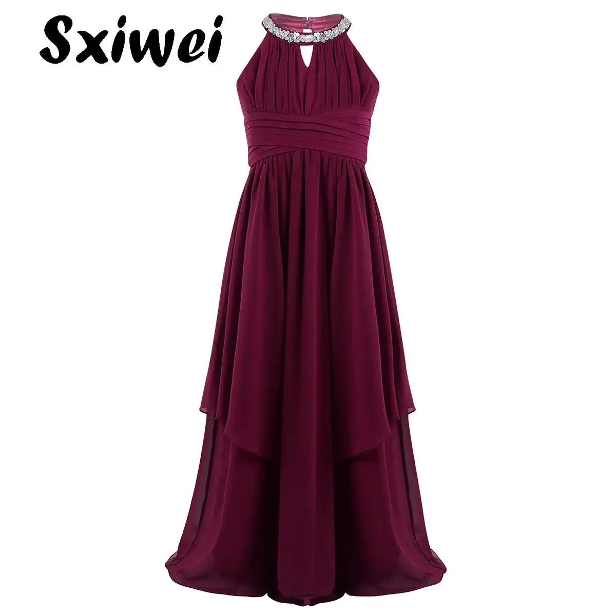 

Kids Girls Summer Festive Dress Halterneck Sequin Princess Dress Flower Girl Long Pleated Skirt Wedding Party Bridesmaid Dress