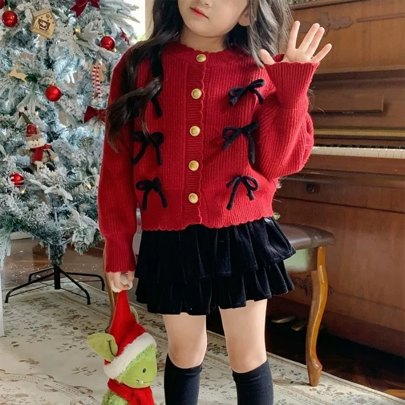 Autumn Winter Baby Sweater Button Cardigan Long Sleeve Knit Coat Sweet Girls Red Christmas New Year Kids Clothing 2-7Y