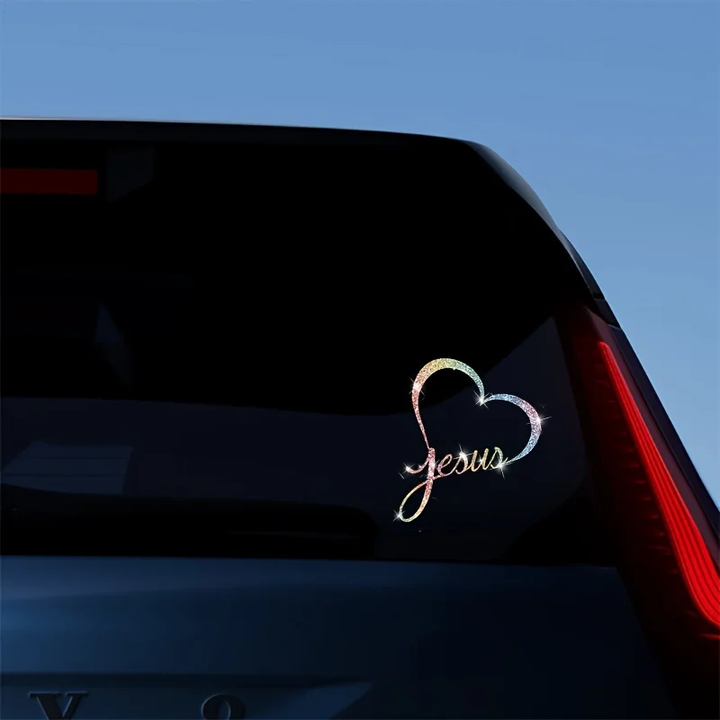 1PC Jesus Heart Imitation Diamond Glitter Car Stickers Waterproof for Auto Window Rear Windshield Bumper Universal Vinyl Decals image 4