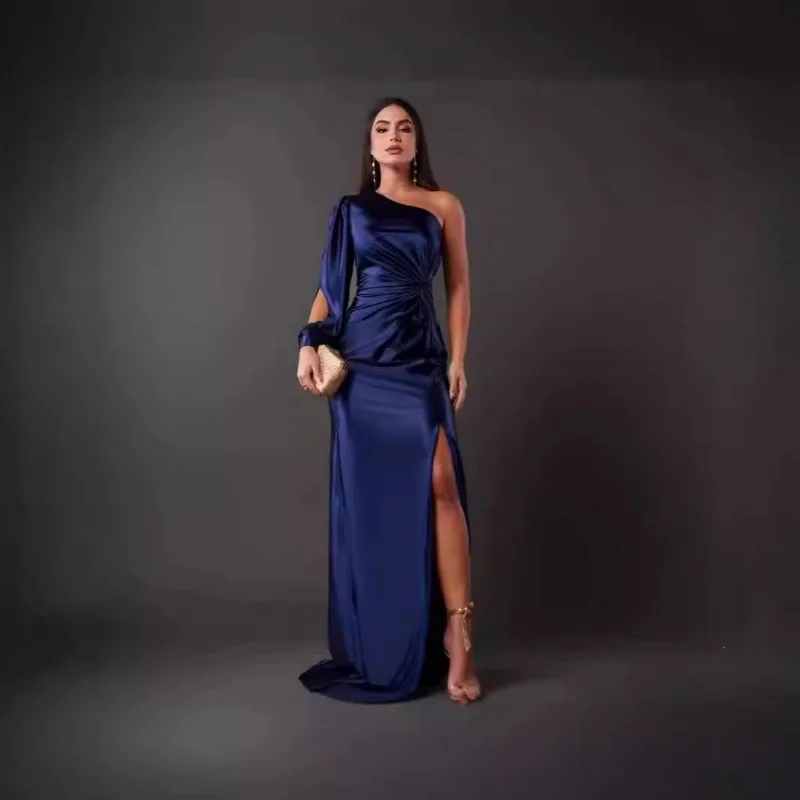 Women's Asymmetric Neck Raglan Sleeve Ruched Waist Slit Sexy Maxi Dress Casual Summer Beach EU US Style Gown