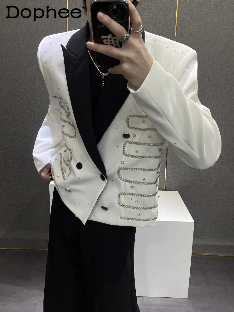 سترات بدلة صغيرة مزخرفة بسلسلة عصرية للرجال لخريف 2025 معاطف جديدة أنيقة مصممة حسب الطلب سترات أنيقة بألوان متباينة